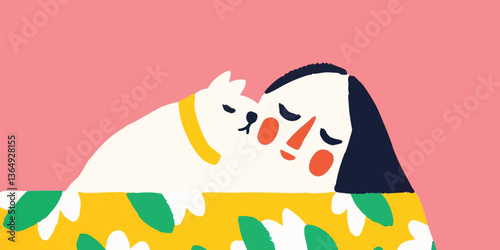 A tender moment of companionship, as a serene woman snuggles with her feline friend, showcasing the affection and serenity shared between a human and pet in this illustration.
