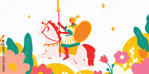 An illustration of a brave knight rides into a floral field, holding a spear. The artwork uses bright and friendly colors.