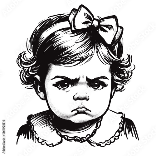 Tiny Tantrum baby girl sulk black and white line art drawing ink sketch vector hand drawn illustration background
