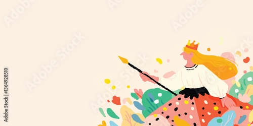 A regal queen, adorned with a golden crown and elegant attire, confidently strides forward, holding a scepter, within a fairytale setting, inspiring and empowering vision.