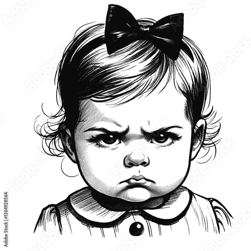 Not Amused baby girl sulk black and white line art drawing ink sketch vector hand drawn illustration background