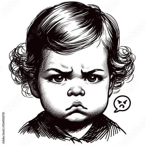 The Sulk Before the Smile baby girl sulk black and white line art drawing ink sketch vector hand drawn illustration background