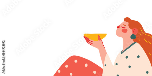 An animated woman in a moment of sensory pleasure, holding a bowl. Her eyes closed, she savors the moment. 