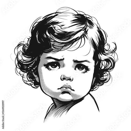 The Art of Baby Drama baby girl sulk black and white line art drawing ink sketch vector hand drawn illustration background