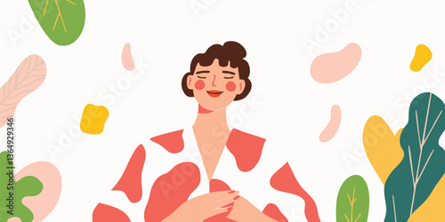 A relaxed person is surrounded by botanical elements, embodying the essence of inner peace and mindful bliss. The illustration captures a serene moment of introspection and balance.
