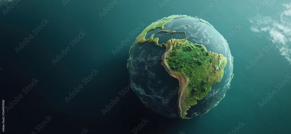 Fototapeta premium 3D Earth Model with Emphasis on South America, Lush Greenery, Oceanic Background, Realistic Textures, Global Perspective, copy space for text