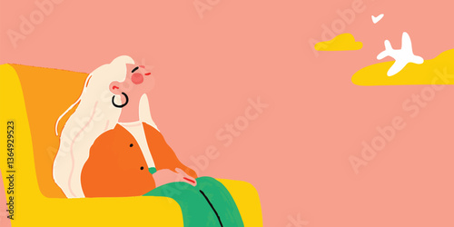 A young woman dreamily gazes at a soaring airplane, embodies aspirations, adventure, and the thrill of travel. The vibrant illustration captures her anticipation and dreams of exploring new horizons.