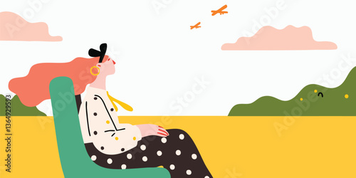 A young woman gazes up, immersed in daydreams, contemplating the horizon, with animated, scenic illustration of serene scenery and freedom.