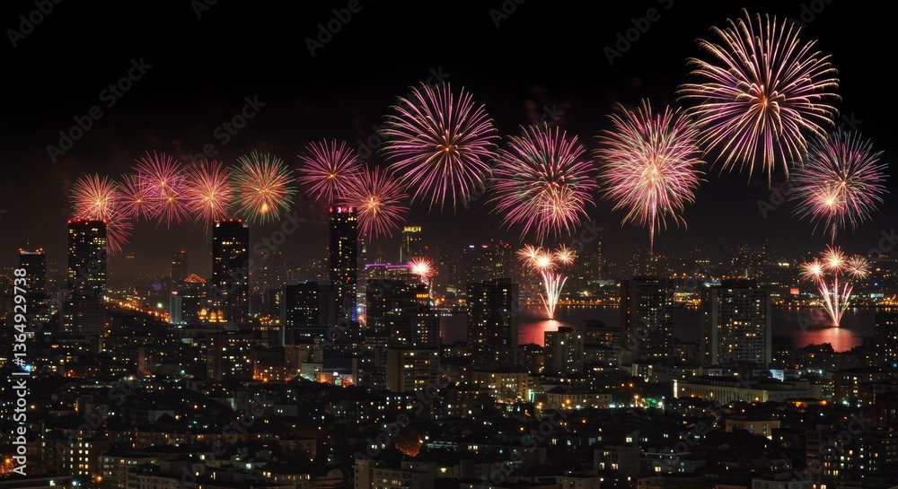 Spectacular Fireworks Display Over Cityscape at Night Celebration Event Spectacular Fireworks Display Over Cityscape at Night Celebration Event