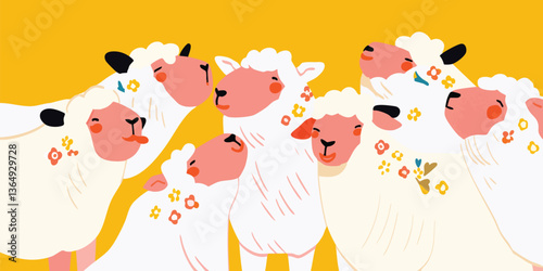 A cheerful herd of sheep, with fluffy white wool and gentle expressions, comes together, creating a heartwarming scene. This whimsical depiction evokes feelings of companionship and serenity. 