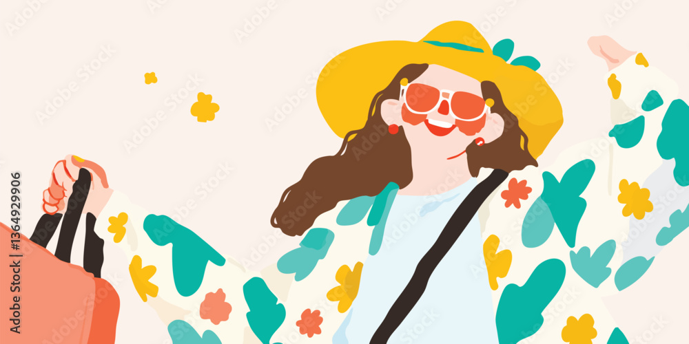 A vibrant illustration of a young woman radiating joy, sporting sunglasses and a sunhat, exuding a carefree spirit while carrying shopping bags, all set in a warm and inviting style. A vibrant illustration of a young woman radiating joy, sporting sunglasses and a sunhat, exuding a carefree spirit while carrying shopping bags, all set in a warm and inviting style.