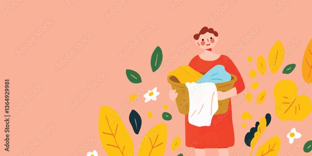 Fototapeta premium A woman carrying a basket of freshly washed laundry with a backdrop of decorative elements creates a comforting and homely scene. 