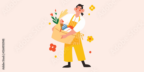An illustration captures a woman in vibrant yellow attire, brimming with optimism and a gentle embrace, her arms laden with a medley of flowers, embodying the spirit of nature. 