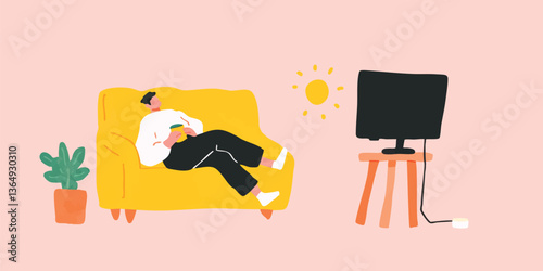 A person relaxes comfortably on a sofa, engrossed in a television screen while basking in the warm glow of sunlight, creating a cozy and inviting atmosphere.