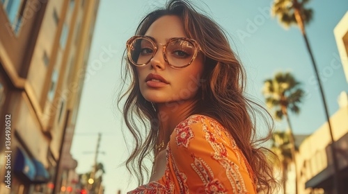 Obraz na płótnie An American woman captures attention on Sunset Boulevard with her boho style, embodying the lively energy of Los Angeles in the 2020s w salonie