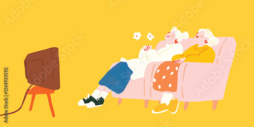 Two elderly ladies sitting side by side on a sofa, immersed in a television program in a cozy and charming setting.
