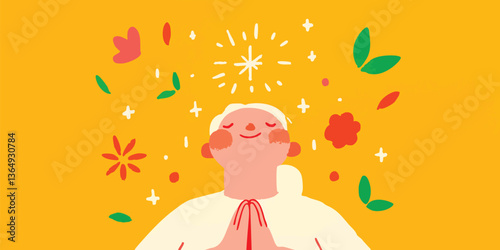 A serene individual, with closed eyes and clasped hands, radiates positivity and inner peace, embraced by whimsical floral elements against a warm background.