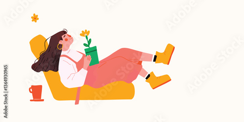 A woman, lost in thought, reclines in a cozy chair, clutching a book and a vibrant potted plant, conveying the essence of serene introspection and cozy retreat.