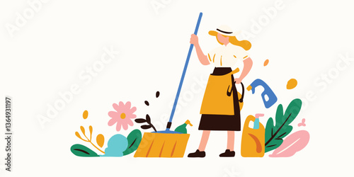 A cheerful illustrated woman, dressed in a stylish cleaning outfit, gracefully wields a broom amidst blooming flowers and cleaning supplies. A visual ode to cleanliness.