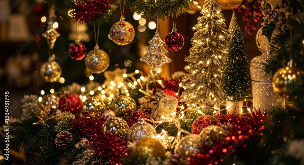 Festive Christmas Decor Sparkling Ornaments Miniature Trees and Glimmering Lights