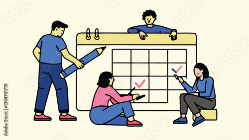 Business Planning Concept. Vector cartoon illustration of a group of people in business outfits making notes on a calendar with tasks Isolated on background