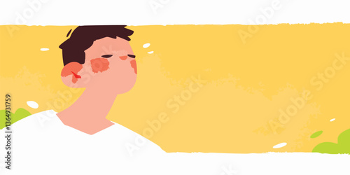 A man takes a moment to feel happiness against a backdrop of a radiant yellow sky, embodying the essence of positivity and joy.