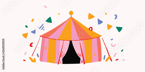 A vibrant and whimsical illustration of a circus tent, filled with cheerful colors and playful elements that evoke the excitement and magic of the big top.