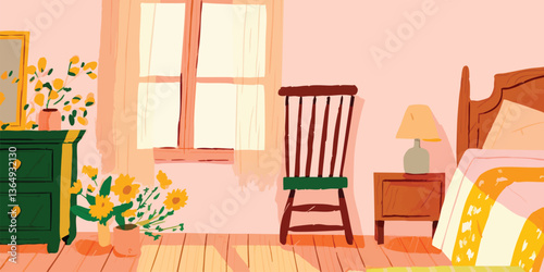 A sun-drenched interior scene featuring a serene bedroom bathed in the soft, warm glow of morning light. A room full of  peaceful atmosphere and  a comfortable vibe.