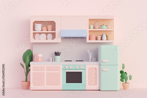 A stylized 3D pastel kitchen setup with stove, oven, microwave, and retro refrigerator arranged in a minimal scene. A whimsical diorama evoking home comfort, cooking, and cozy domestic design.

