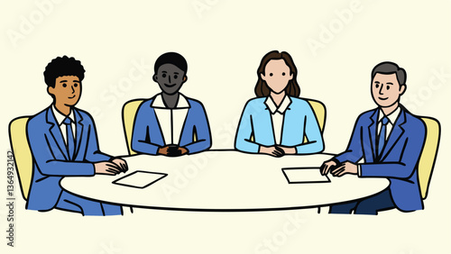 Business Team Brainstorm concept. Vector flat style abstract illustration of a group of diverse people at a desk leading a discussion with a lightbulb made of puzzle pieces above their heads.
