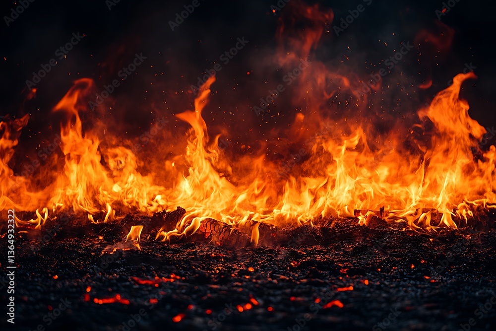 Intense burning flames against a dark background providing a dramatic display Intense burning flames against a dark background providing a dramatic display