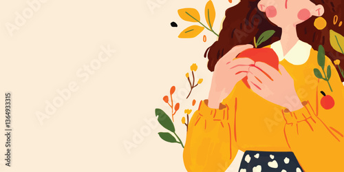 A woman with auburn hair in a yellow top cradles a juicy, red apple with floral elements, symbolizing health and well-being.