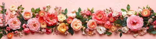 Floral Flat Lay Arrangement Romantic Pastel Roses in Full Bloom on a Soft Pink Background