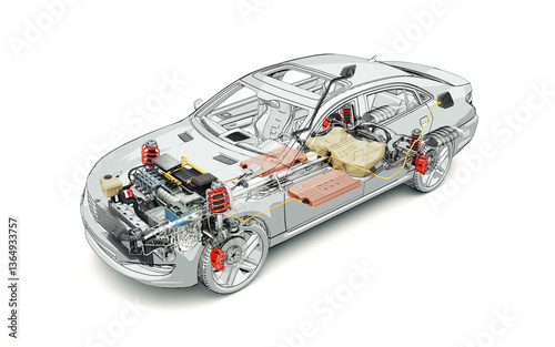 Hybrid Vehicle system cutaway illustration.