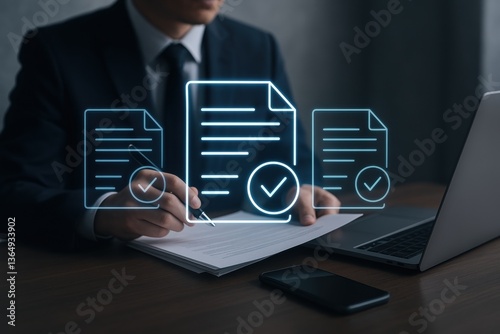 Document Approval: A sharp professional in a tailored suit meticulously reviews and approves important documents. This image portrays a seamless blend of professional acumen and technology.