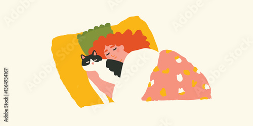 A red-haired woman and a black and white cat snuggle together in bed, depicting rest, tranquility, and comfort. The soft light evokes feelings of warmth.