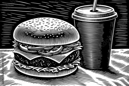 Fast food vector black and white burger and soda beverage drink hand drawn sketch outline