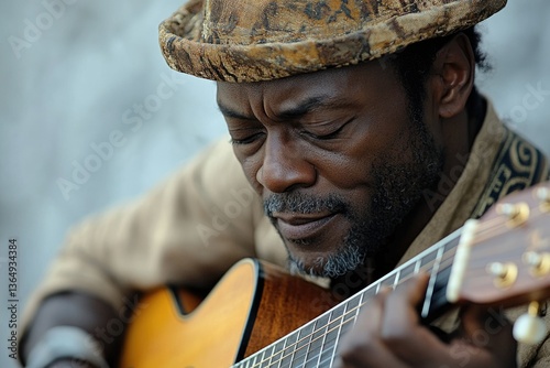 A focused musician plays acoustic guitar with soulful expression.