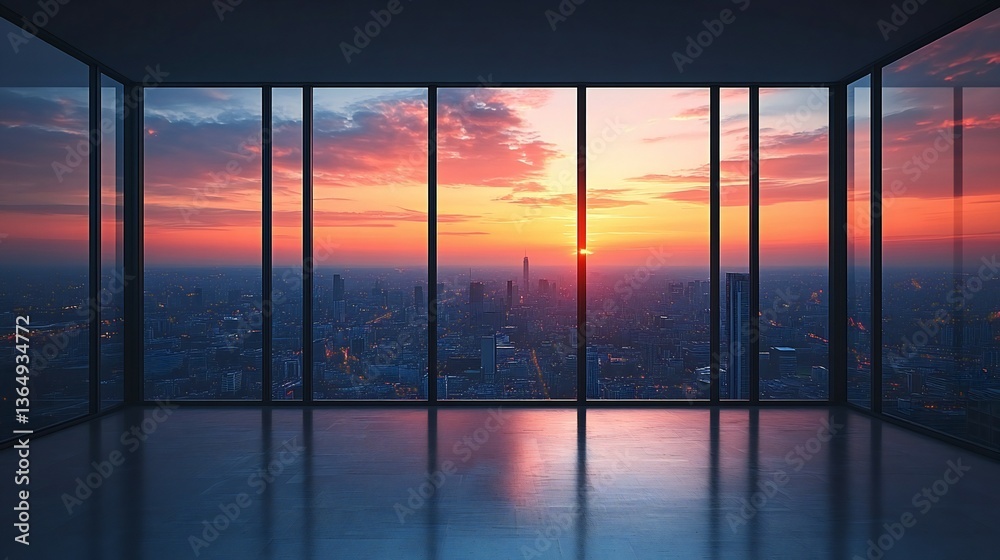 Fototapeta premium A modern office interior overlooking a city at sunset