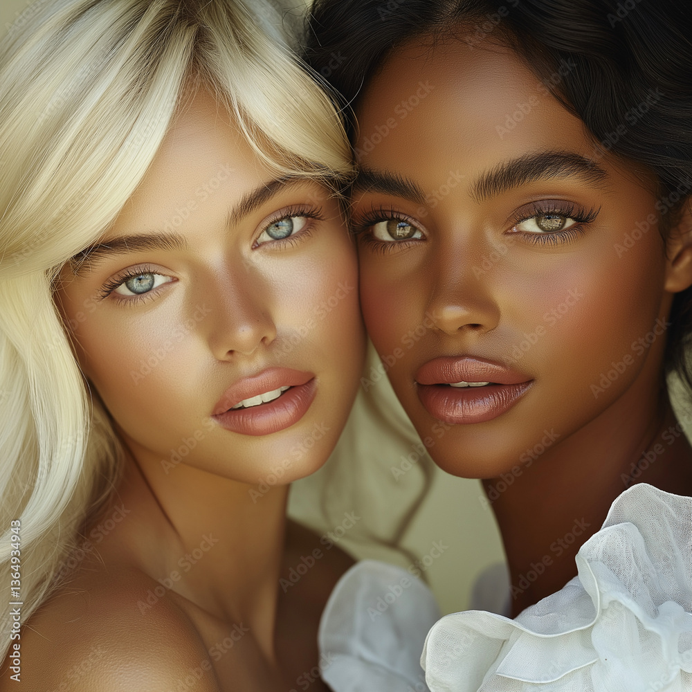 Elegantes Porträt zweier Models mit unterschiedlicher Hautfarbe in zeitgenössischer Fotografie Elegantes Porträt zweier Models mit unterschiedlicher Hautfarbe in zeitgenössischer Fotografie