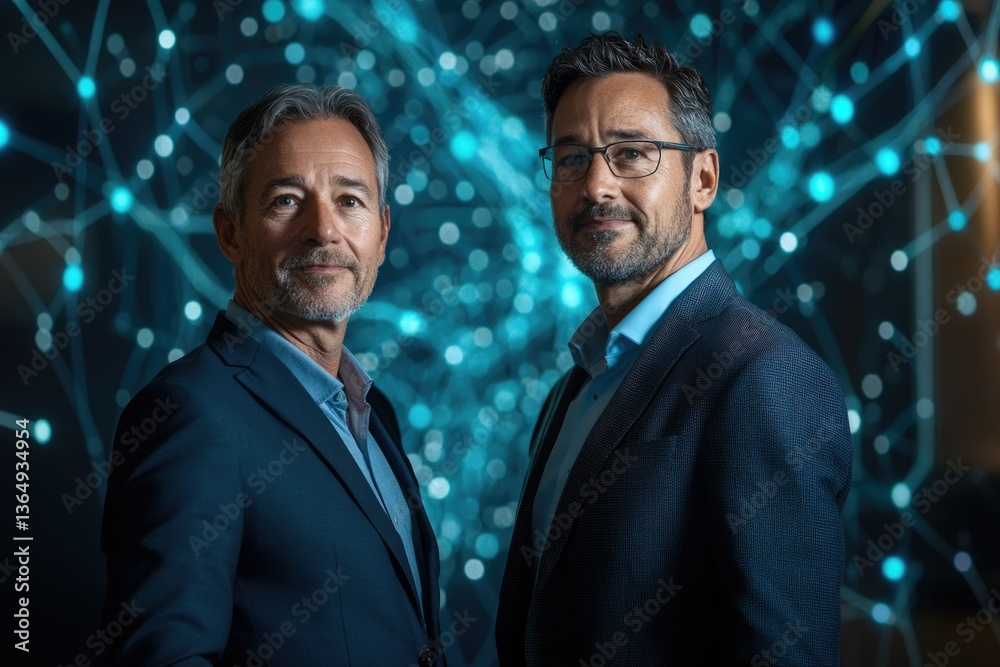 Two confident businessmen stand against a dynamic blue network backdrop, symbolizing innovation and partnership.