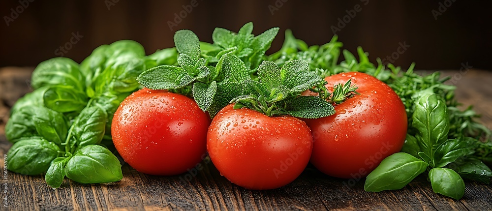Fresh ripe tomatoes surrounded by herbs on rustic wooden surface Fresh ripe tomatoes surrounded by herbs on rustic wooden surface