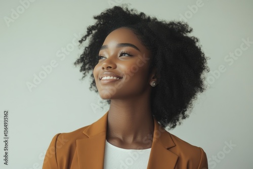 A young Black woman with an afro smiles, looking up hopefully and confidently.