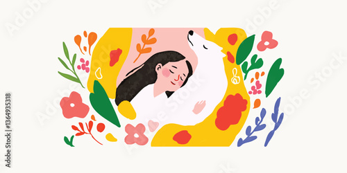 A tender moment of a young woman embracing a fluffy dog in a picturesque illustrated scene, a loving depiction of friendship and companionship with surrounding floral elements.