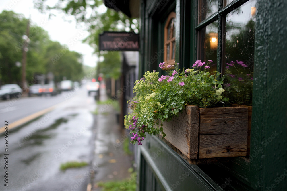 Planting flowers in a window box during a rainy afternoon in a cozy neighborhood Planting flowers in a window box during a rainy afternoon in a cozy neighborhood