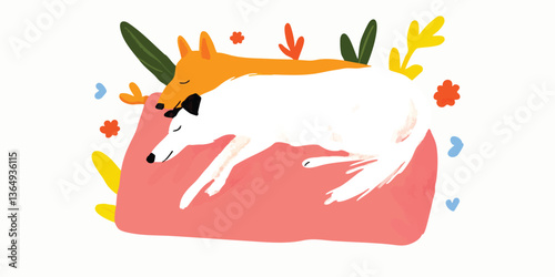 Whimsical illustration of two dogs, a vibrant orange and a pristine white, are nestled together, peacefully napping atop a soft, rosy cushion. Lush, stylized foliage surrounds them.