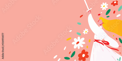 A vibrant illustration showcases a female figure in motion, poised with a sword, amidst a flurry of blossoms and leaves, suggesting themes of strength, beauty, and dynamism.