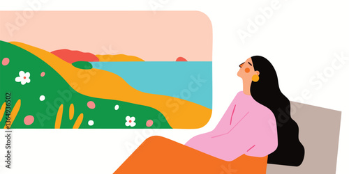 A serene woman with long hair and vibrant clothes, contentedly gazes out at a picturesque coastal scene. The painting embodies peace and inner harmony.