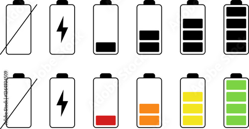 Battery life icon set, battery charge indicator. Battery charge level indicator. Charge battery Icon Set. Battery Charging And Power Level Symbol Collection. Isolated Vector Illustration