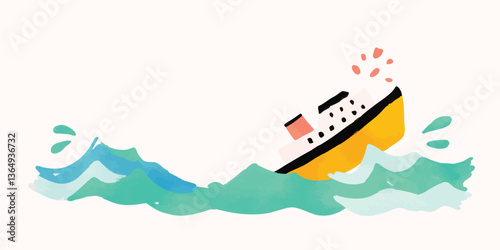 A stylized illustration of a ship, rendered in a watercolor style, amidst stormy waves, conveying a sense of peril.